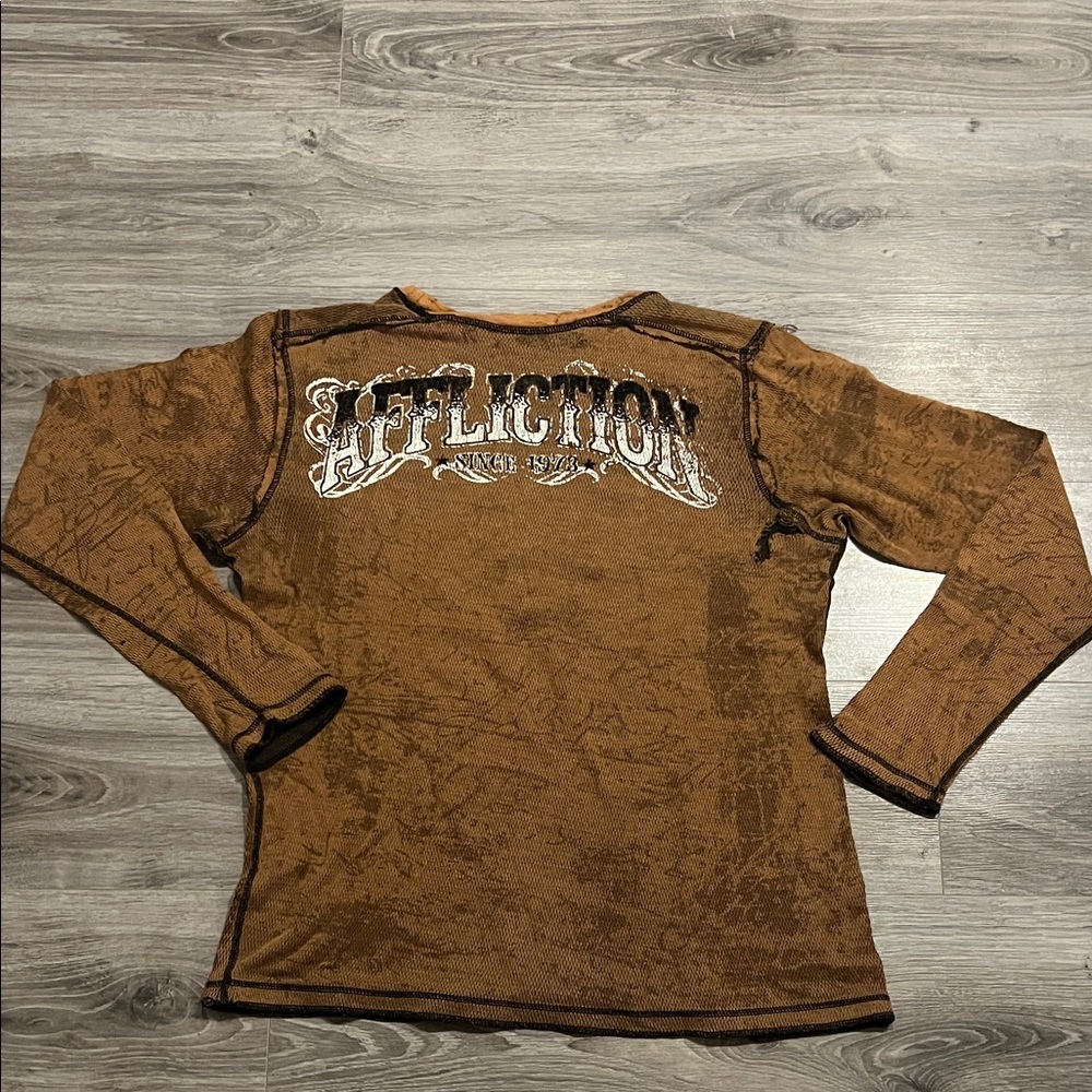 Affliction Reversible Distressed Brown Graphic Long Sleeve
